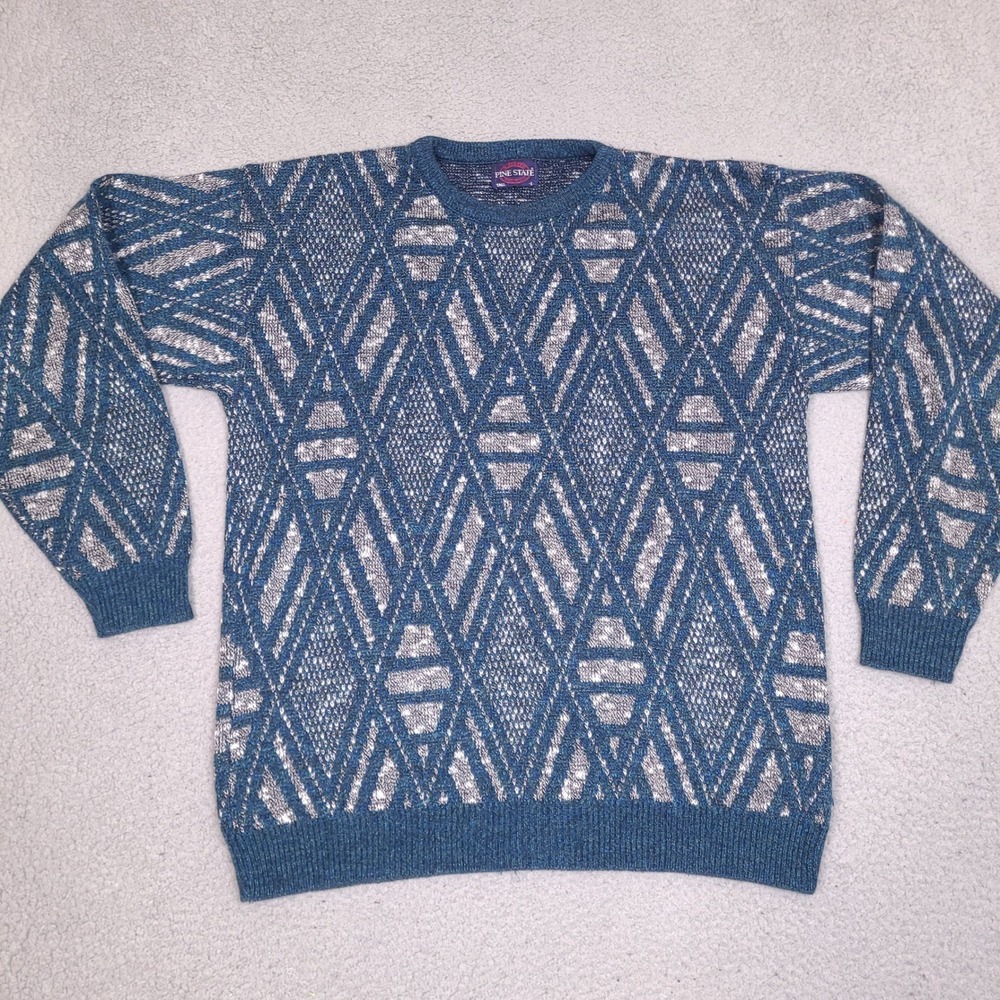 Vintage Pine State Sweater‎ Mens Tall Large Blue Diamond Knit Cosby Made in USA